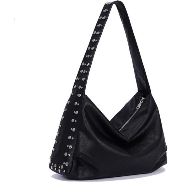 Studded Hobo Bags for Women Black Shoulder Bag 90s Y2k Tote Bag Soft Leather